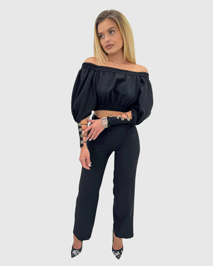 Compleu din 2 piese, bluză cu mâneci voluminoase și pantaloni lungi cu push-up – negru