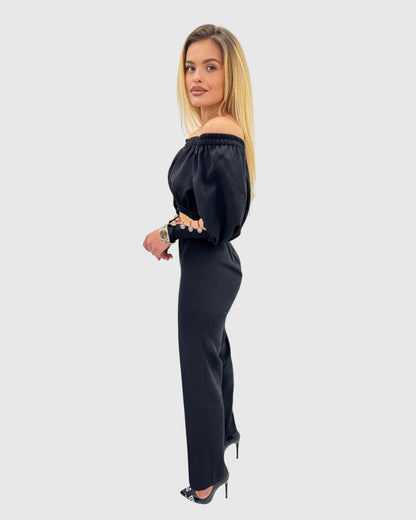 Compleu din 2 piese, bluză cu mâneci voluminoase și pantaloni lungi cu push-up – negru