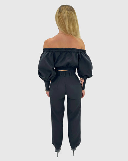Compleu din 2 piese, bluză cu mâneci voluminoase și pantaloni lungi cu push-up – negru