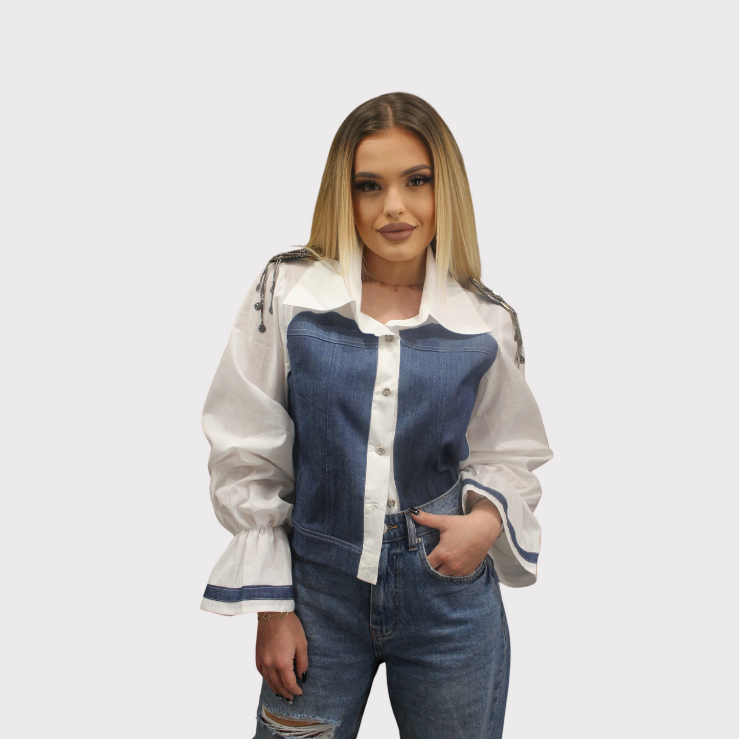 Cămașă poplin alb și blug cu epoleți detașabili