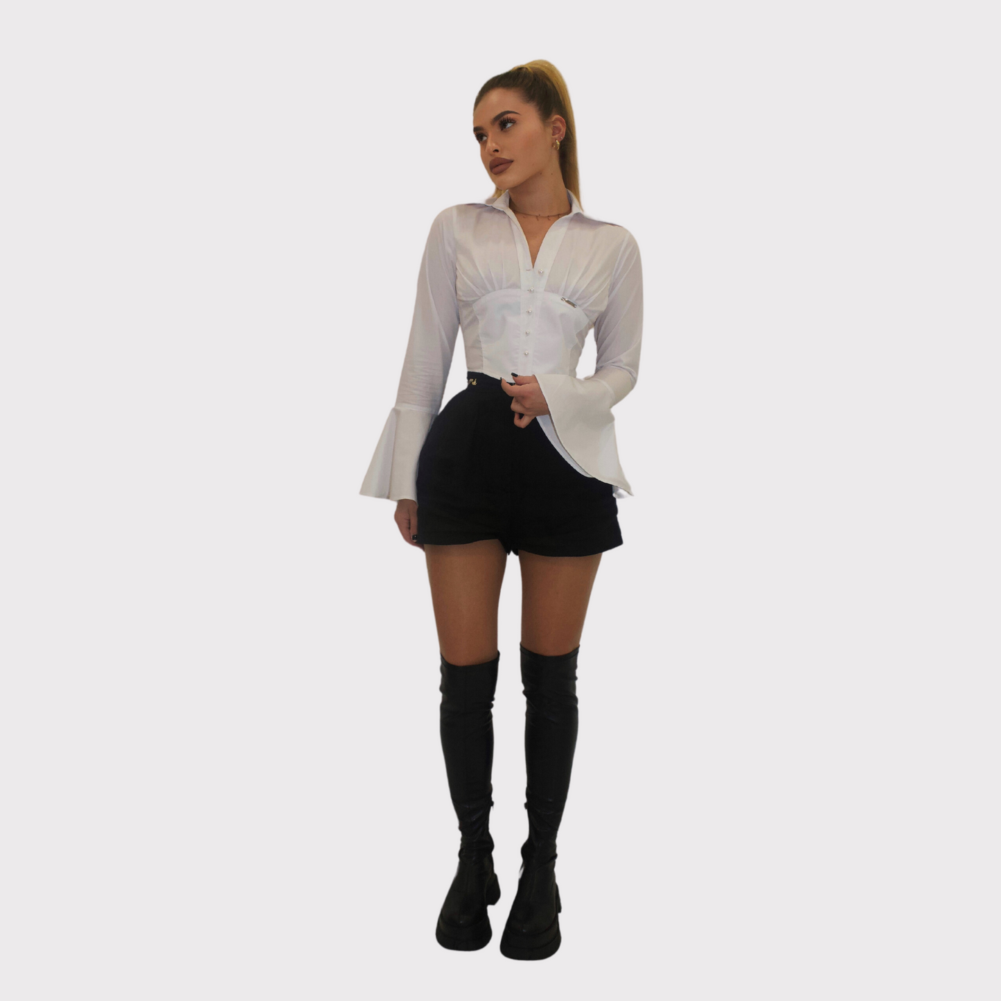 Camasa scurta, cu corset elastic si maneci clopot - alba