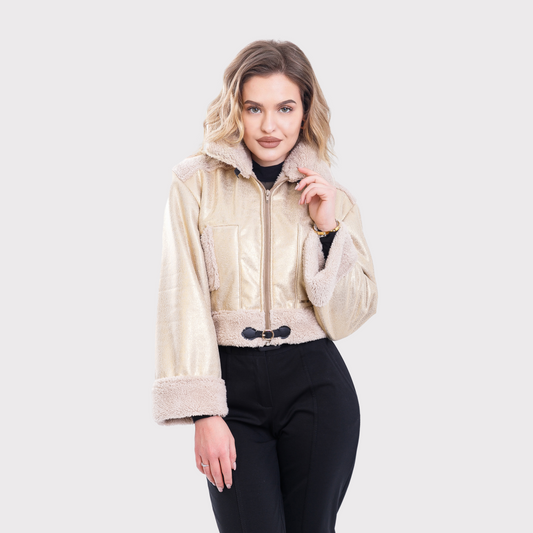 Geaca scurta din piele artificiala și blana – crem