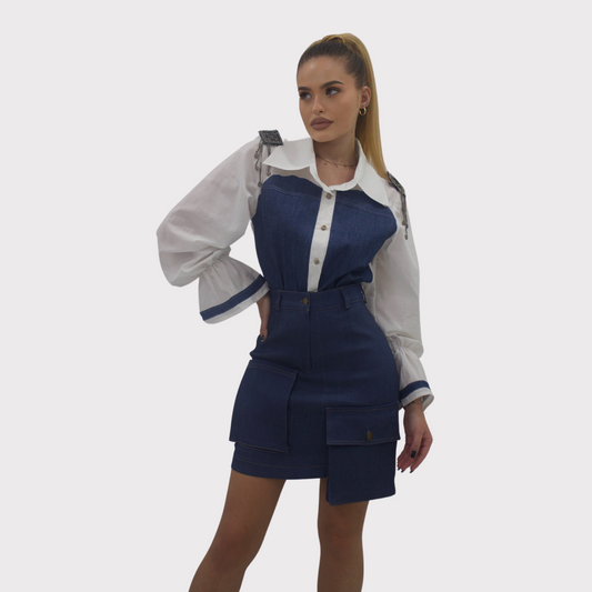 Compleu format din cămașă și fustă din denim