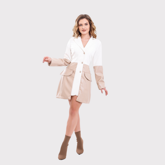 Sacou tip rochie cu piele crem - alb