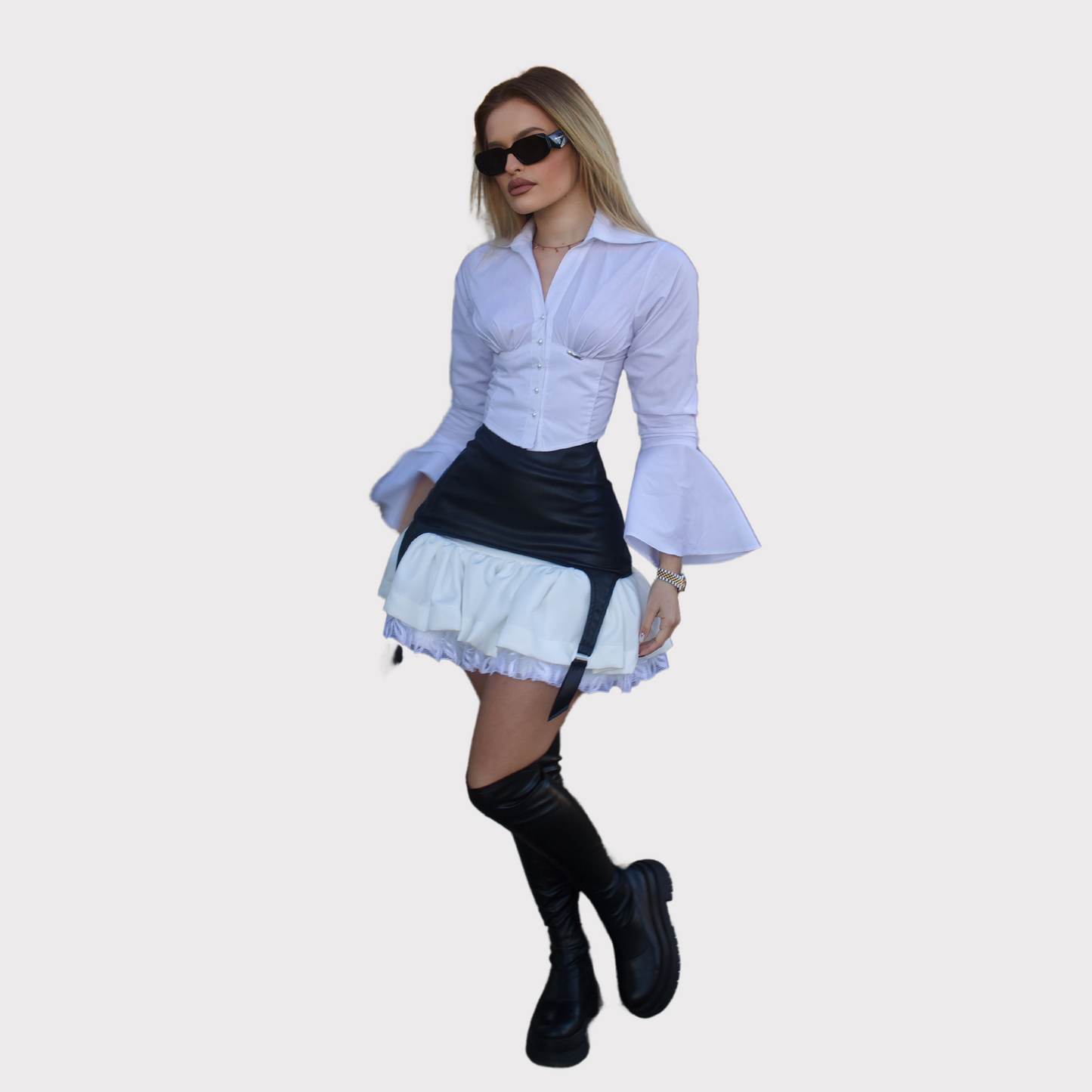 Set din 2 piese: fustă cu talie înaltă și cămașă – piele