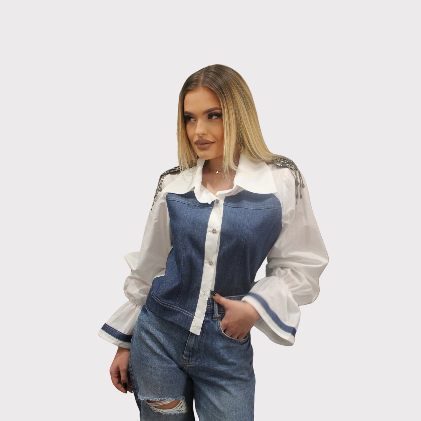 Cămașă poplin alb și blug cu epoleți detașabili
