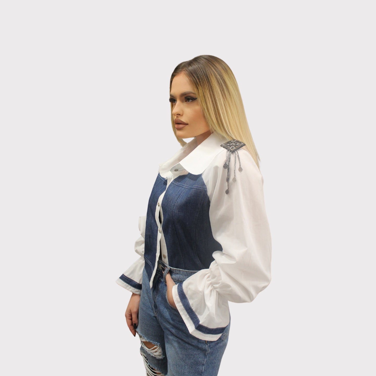 Cămașă poplin alb și blug cu epoleți detașabili
