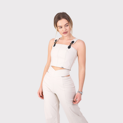 Pantaloni cu talie inalta cu decupaje - crem