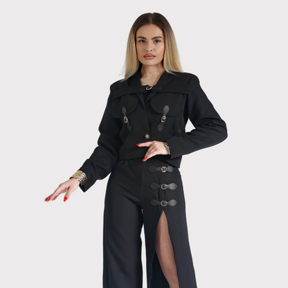 Pantaloni cu talie înaltă și catarame ajustabile – negri