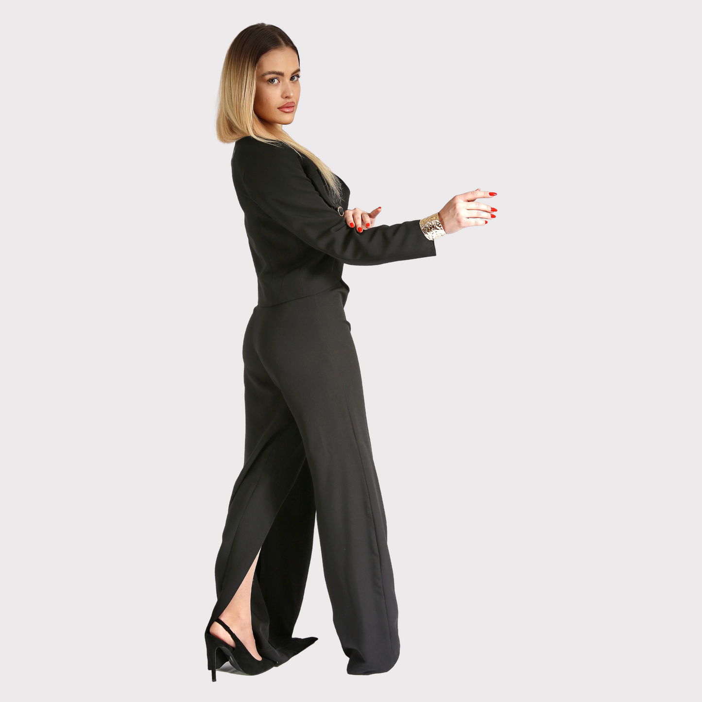 Pantaloni cu talie înaltă și catarame ajustabile – negri