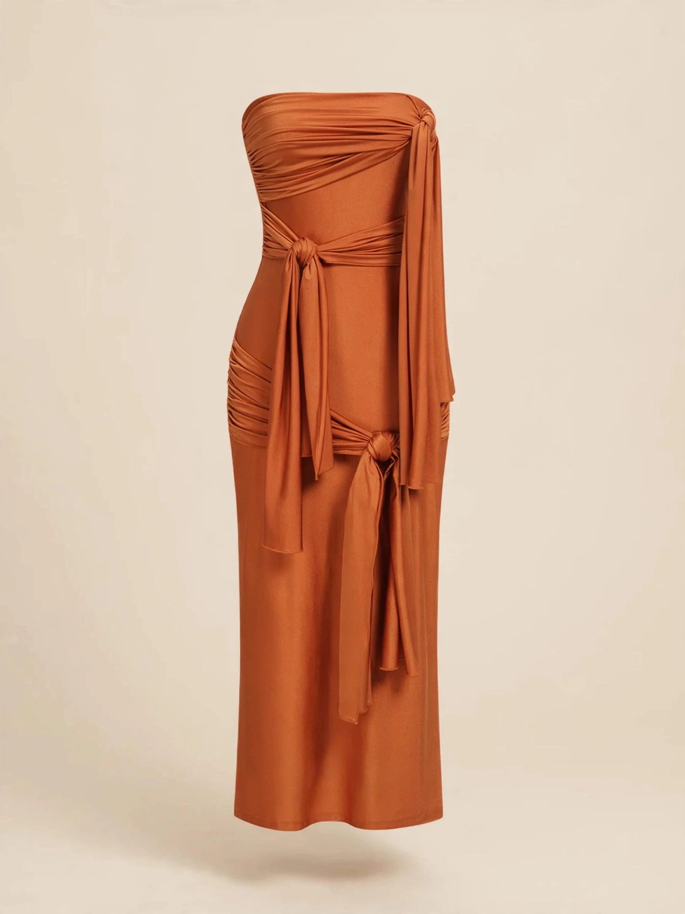 Rochie lungă terracotta cu noduri drapate - caramiziu