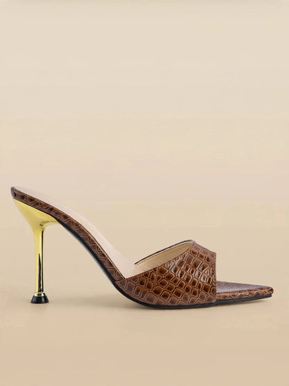 SIENNA sandale cu toc auriu - Croco maro