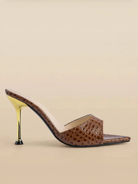 SIENNA sandale cu toc auriu - Croco maro