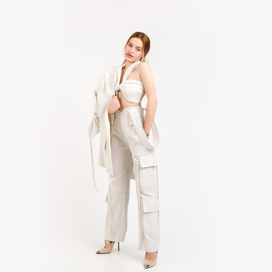Compleu din 3 piese, top, sacou, pantaloni cargo din in - off white