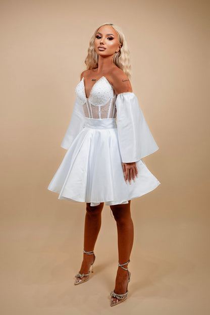 Rochie din 2 piese: corset cu pietre si fusta scurta - alb