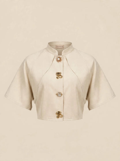 Tricou crop top accesorii metalice - bej
