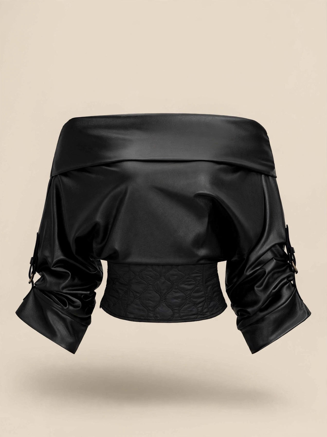 Bluză cu umerii goi, mânecă lungă cu catarame reglabile și corset matlasat - negru