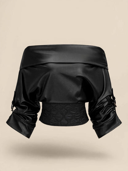 Bluză cu umerii goi, mânecă lungă cu catarame reglabile și corset matlasat - negru