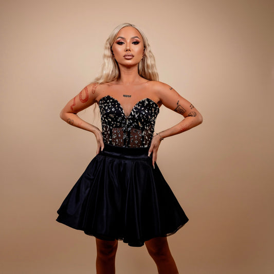 Rochie din 2 piese: corset cu diamante si fusta scurta - negru