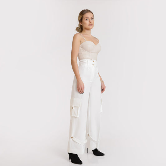 Pantaloni cargo cu talie înaltă - albi