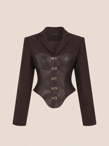 Sacou corset cu insert piele ecologică și închidere cu clipsuri metalice - maro