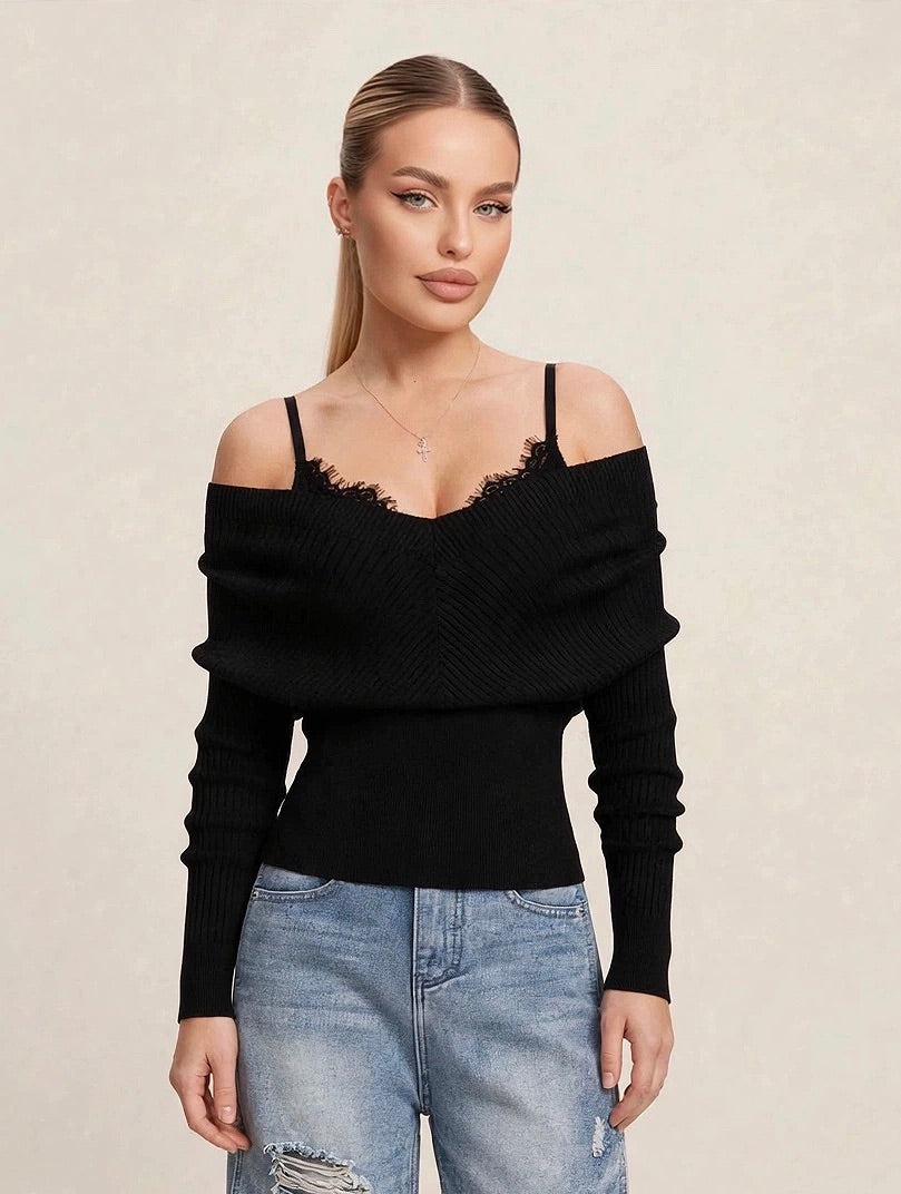 Compleu din 2 piese, bluza și pantaloni luni din denim rupți - negru/denim