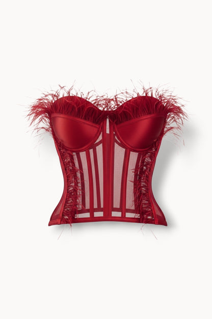 Corset cu pene și tul transparent – roșu