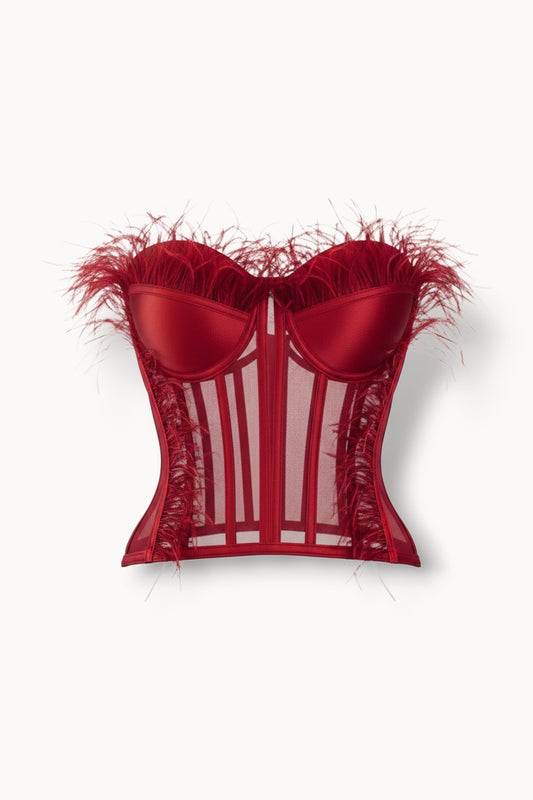 Corset cu pene și tul transparent – roșu