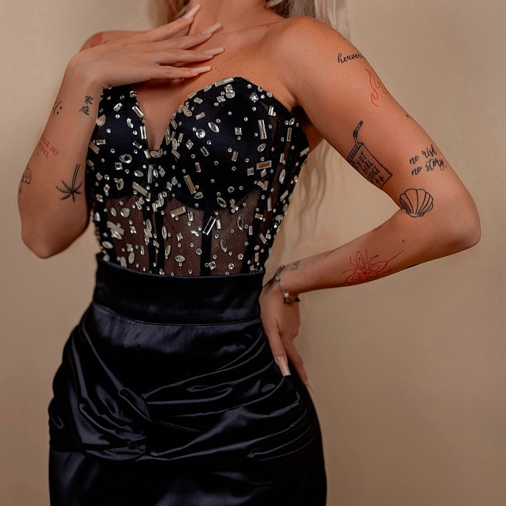 Rochie din 2 piese: corset cu diamante si fusta longa - noir