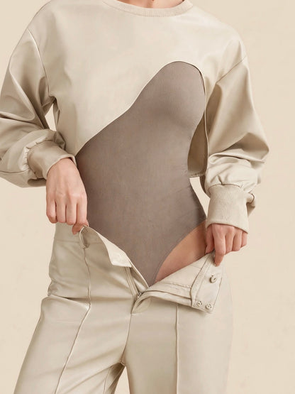 Body și bluza cu mânecă lungă din 2 piese - crem/maro