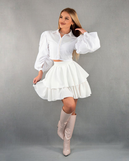 Fustă cu talie înaltă și volane - alb