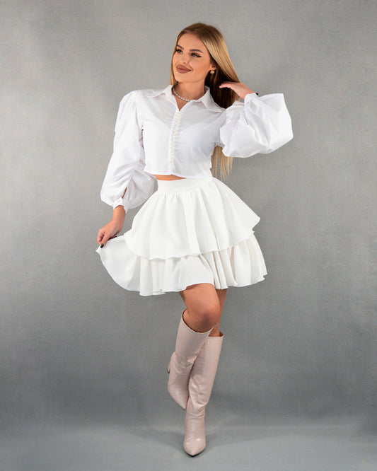 Fustă cu talie înaltă și volane - alb