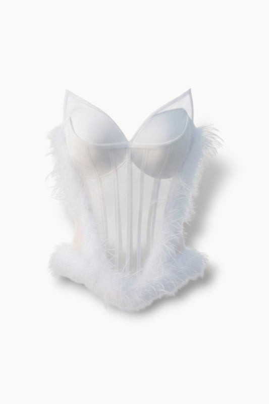 Corset cu pene și tul transparent – alb