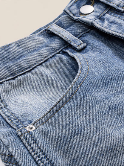 Pantaloni denim cu talie înaltă rupți - albastru