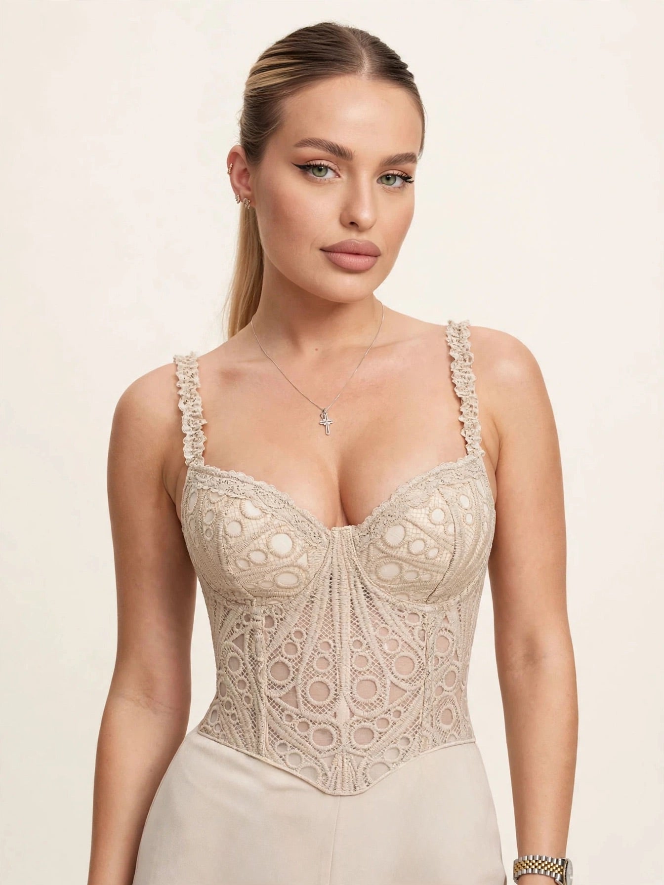 Compleu din 2 piese, corset și pantaloni denim - crem