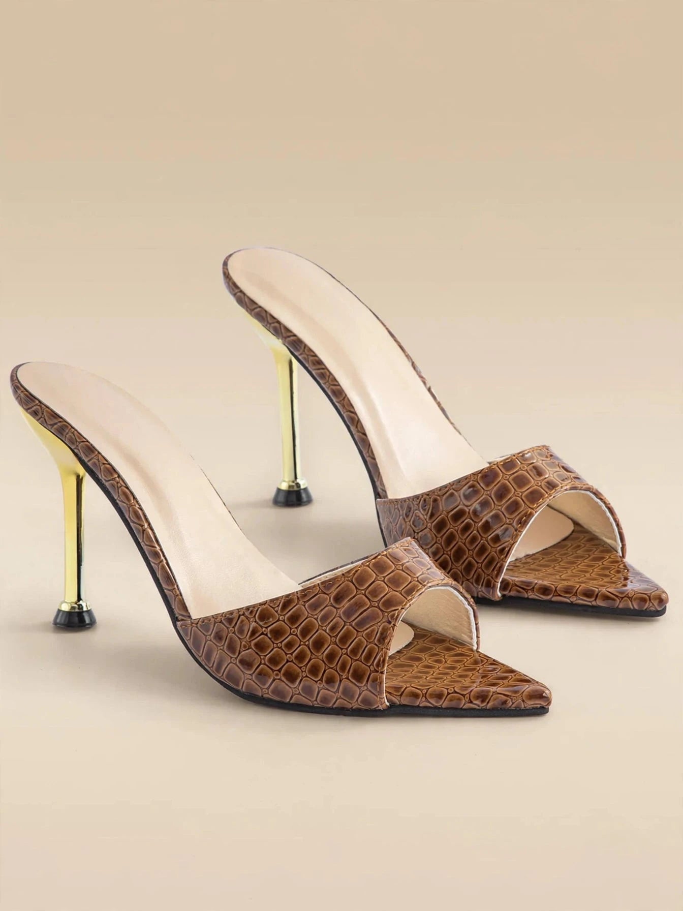 SIENNA sandale cu toc auriu - Croco maro