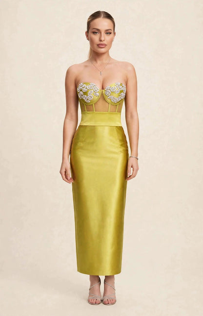 Compleu / rochie din 2 piese: corset cu pietre și fustă lungă – lime