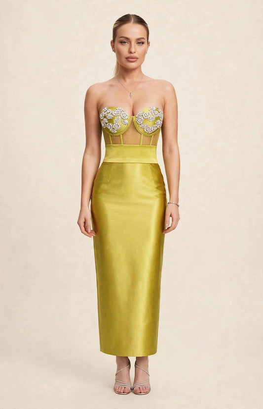Compleu / rochie din 2 piese: corset cu pietre și fustă lungă – lime