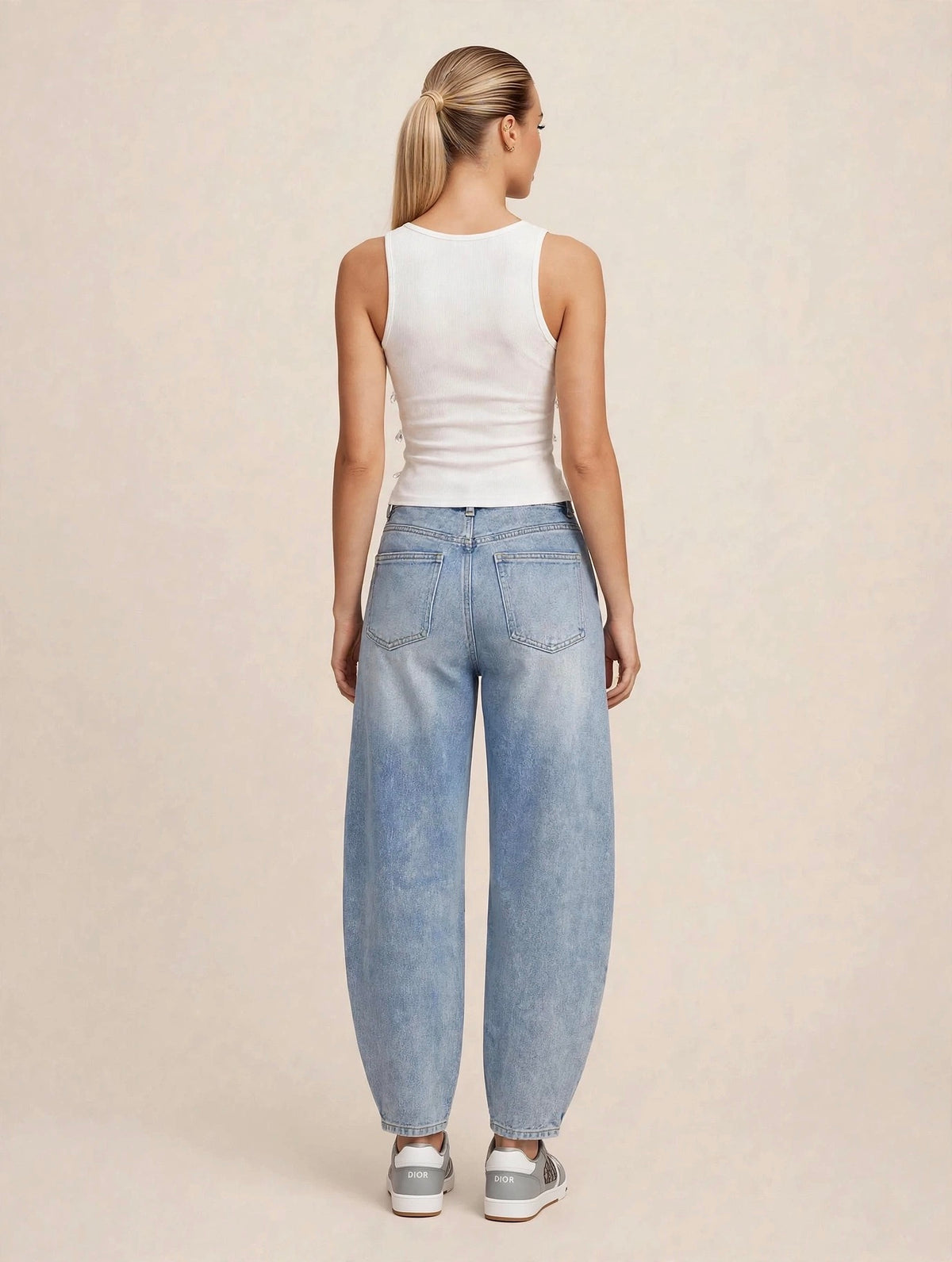Pantaloni denim cu talie înaltă asimetrică crossover - albastru deschis