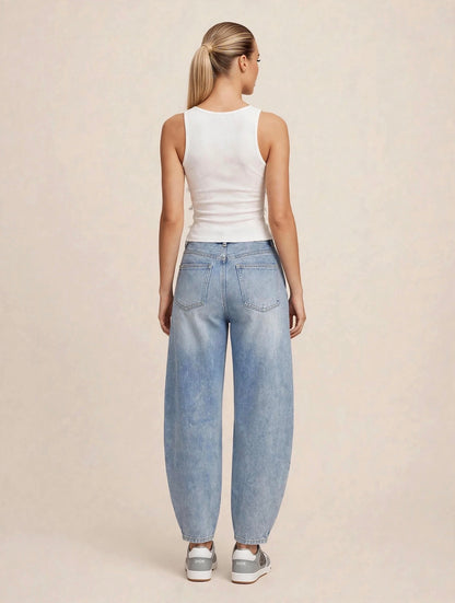 Pantaloni denim cu talie înaltă asimetrică crossover - albastru deschis