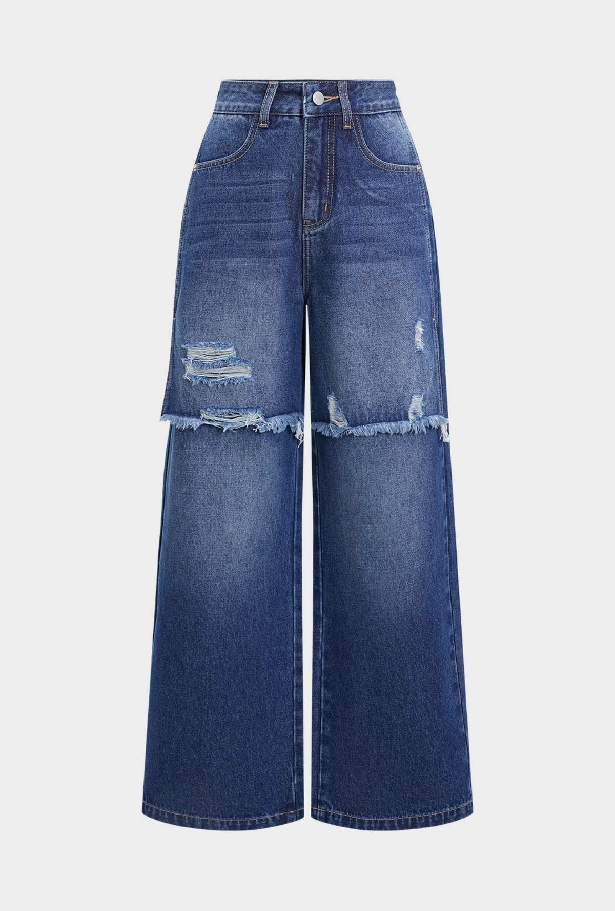 Pantaloni denim cu talie înaltă rupți - albastru