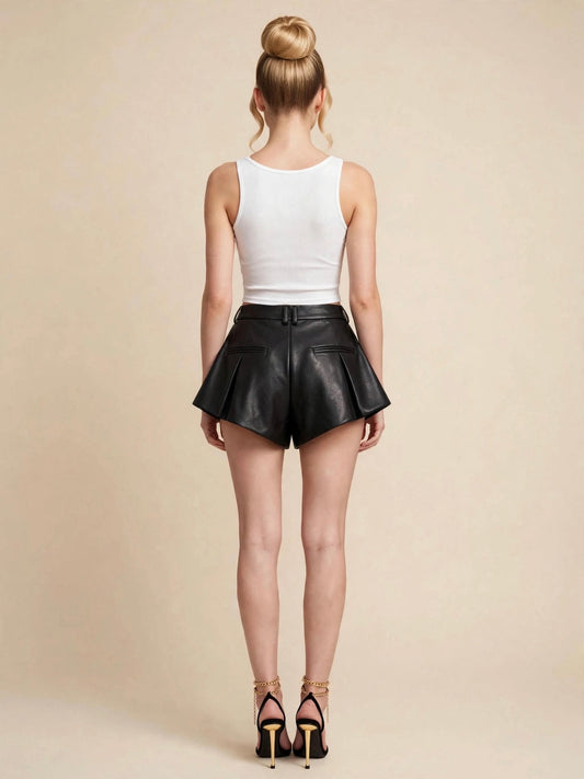 Pantaloni talie înaltă scurți piele - negru
