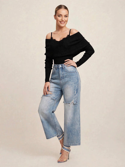 Pantaloni denim cu talie înaltă rupți - albastru