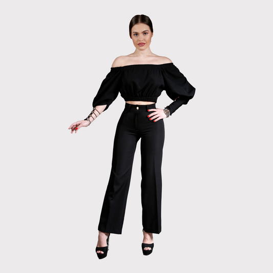 Compleu din 2 piese, bluză cu mâneci voluminoase și pantaloni lungi cu push-up – negru