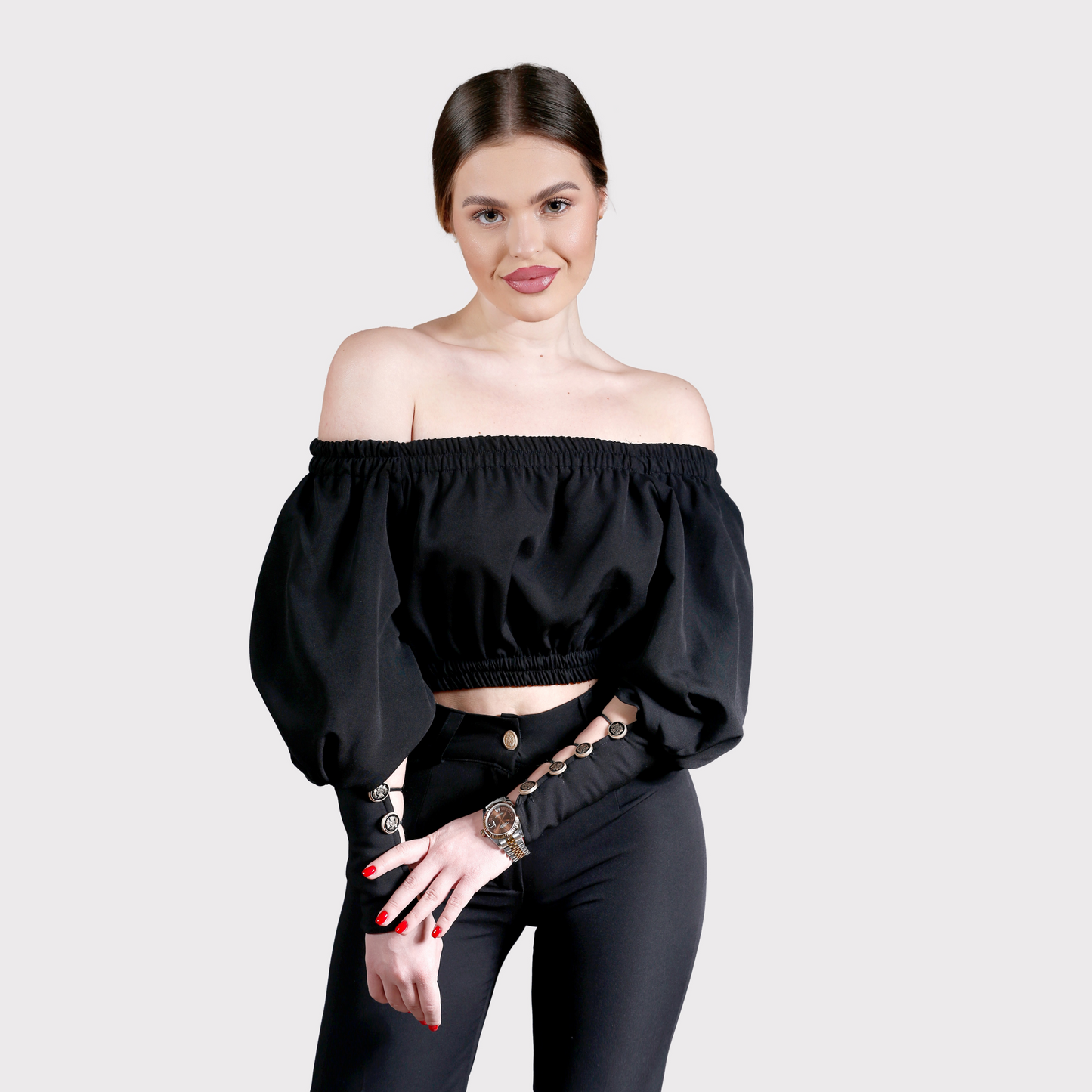Compleu din 2 piese, bluză cu mâneci voluminoase și pantaloni lungi cu push-up – negru