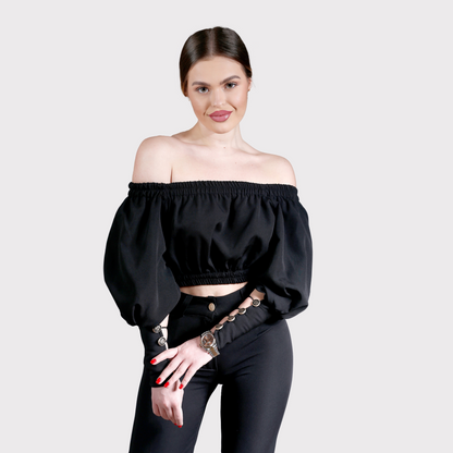 Compleu din 2 piese, bluză cu mâneci voluminoase și pantaloni lungi cu push-up – negru