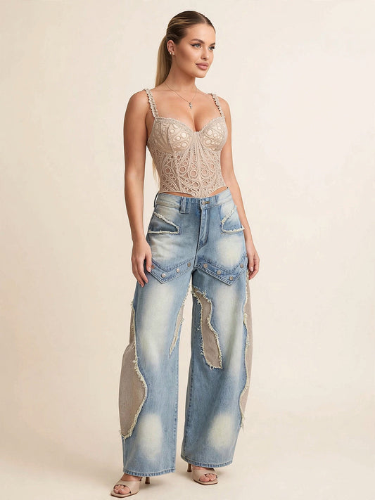 Pantaloni cu talie înaltă denim - crem