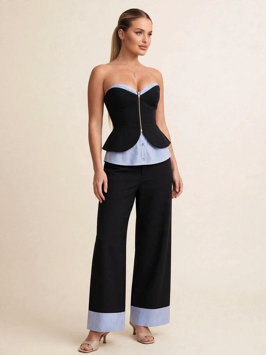 Compleu din 2 piese, corset și pantaloni - negru