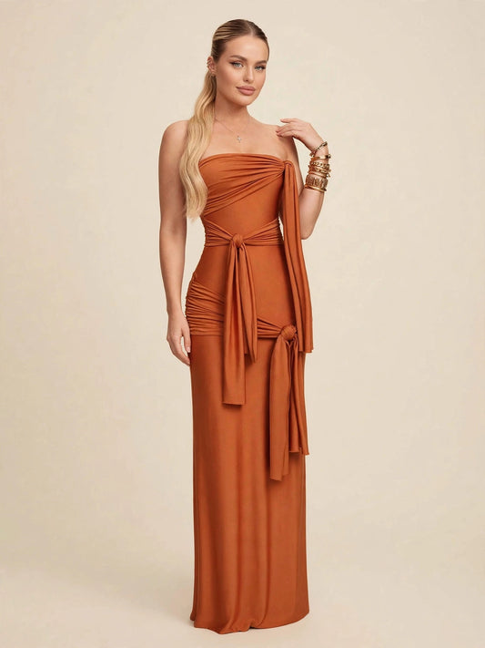 Rochie lungă terracotta cu noduri drapate - caramiziu