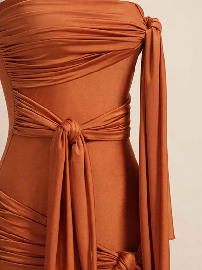 Rochie lungă terracotta cu noduri drapate - caramiziu